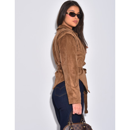 Veste courte effet daim camel à ceinture nouée