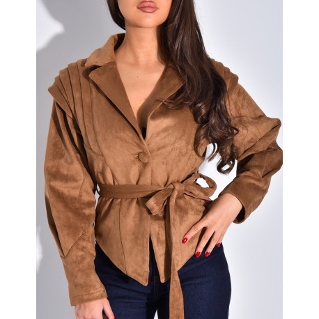 Veste courte effet daim camel à ceinture nouée