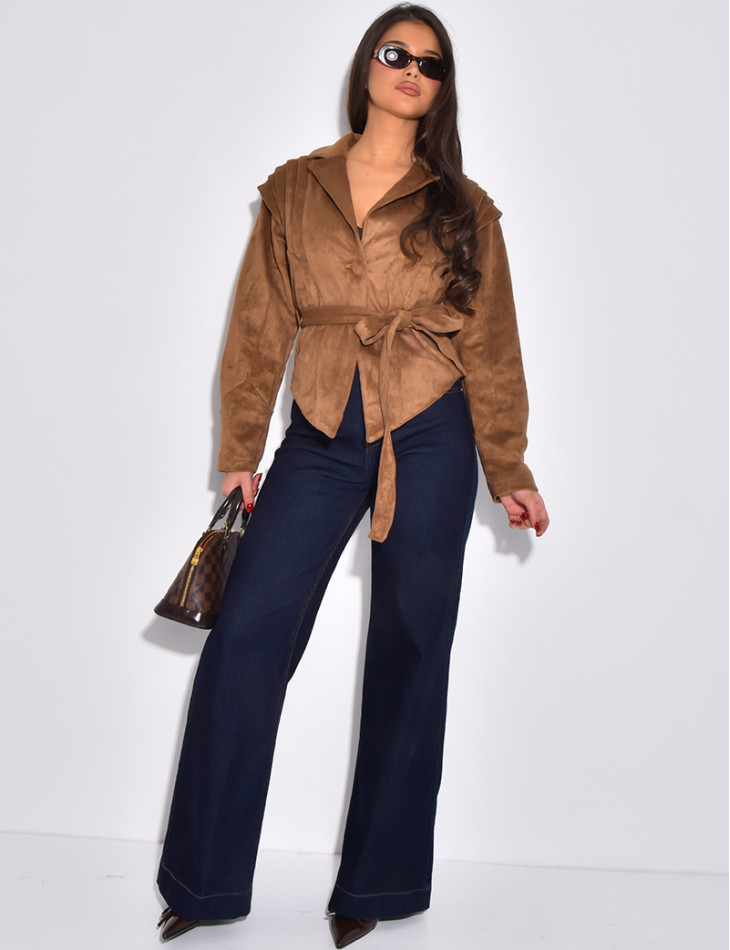 Veste courte effet daim camel à ceinture nouée