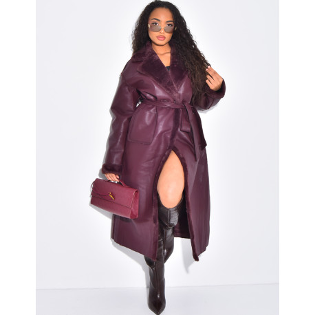 Manteau long en similicuir intérieur fourré polaire