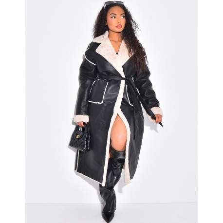 Manteau long en similicuir intérieur fourré polaire