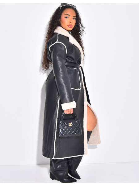 Manteau long en similicuir intérieur fourré polaire