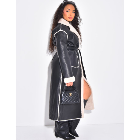 Manteau long en similicuir intérieur fourré polaire