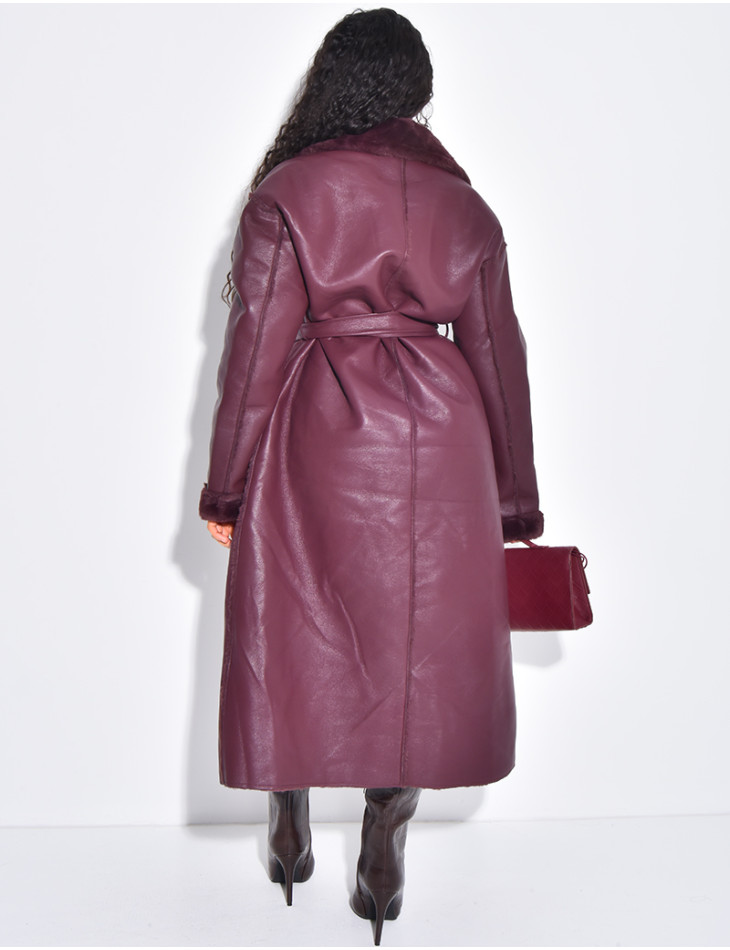 Manteau long en similicuir intérieur fourré polaire
