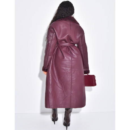 Manteau long en similicuir intérieur fourré polaire