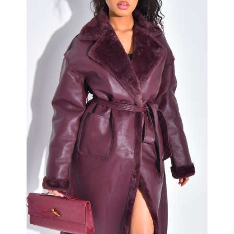 Manteau long en similicuir intérieur fourré polaire