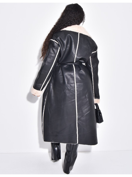 Manteau long en similicuir intérieur fourré polaire