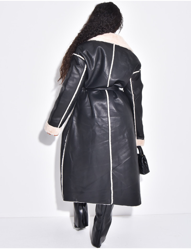 Manteau long en similicuir intérieur fourré polaire