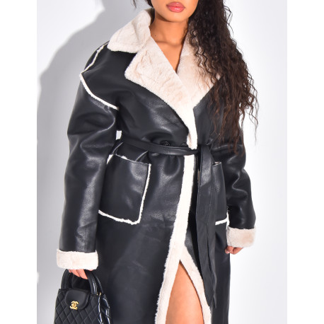 Manteau long en similicuir intérieur fourré polaire