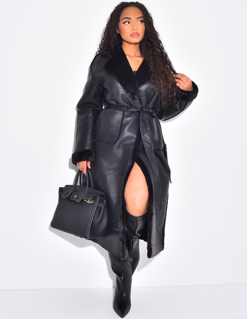 Manteau Long D'hiver Femme En Simili Cuir Avec Col Fourrure - Coupe élégante, Manches Longues, En Polyester Pour Un Style Chic Et Chaud