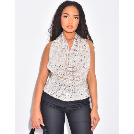 Petit top col drapé et dos nu en sequins