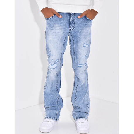 Jeans flare destroy à couture contrastante