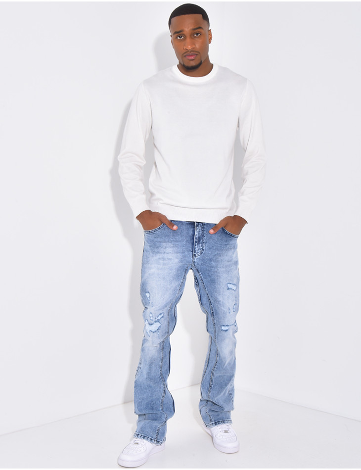 Jeans flare destroy à couture contrastante