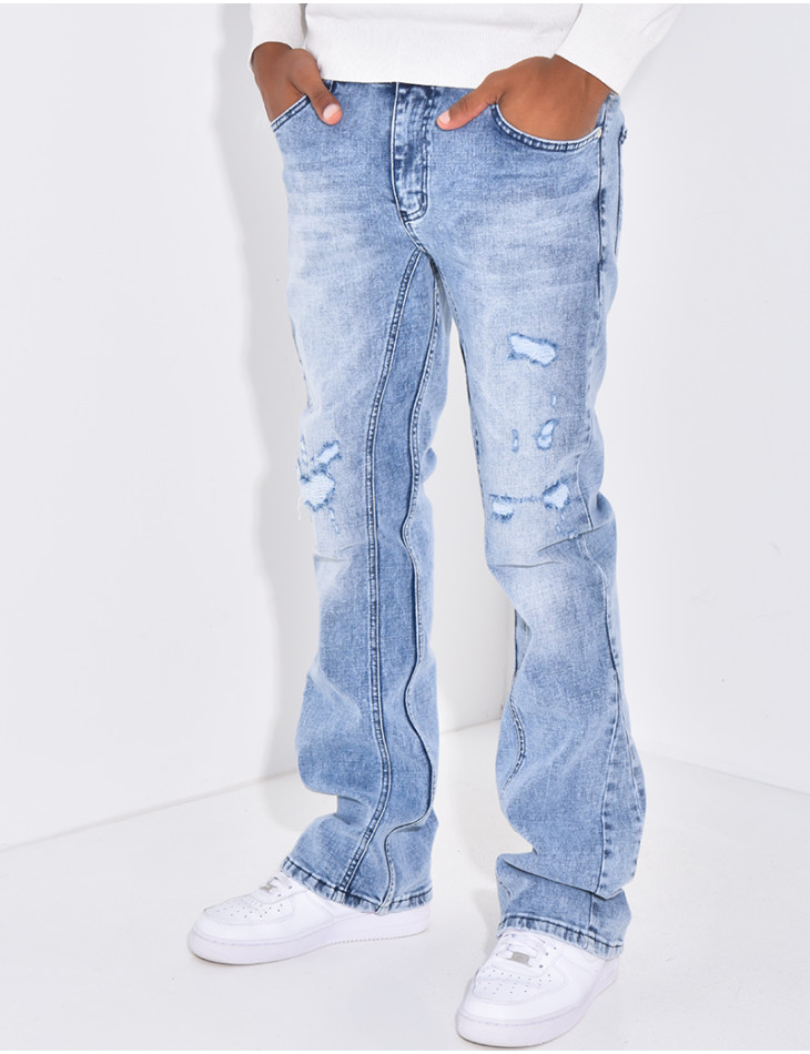 Jeans flare destroy à couture contrastante