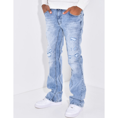 Jeans flare destroy à couture contrastante