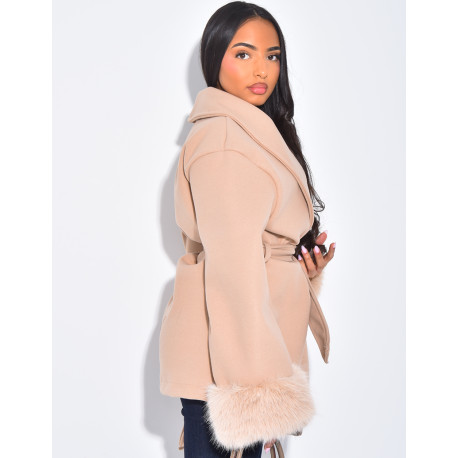 Short wrap coat with fur on the sleeves