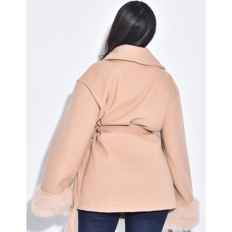 Short wrap coat with fur on the sleeves