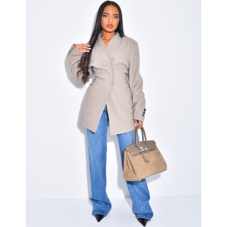 Fitted wrap-around coat with tie at the back