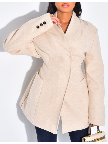 Fitted wrap-around coat with tie at the back
