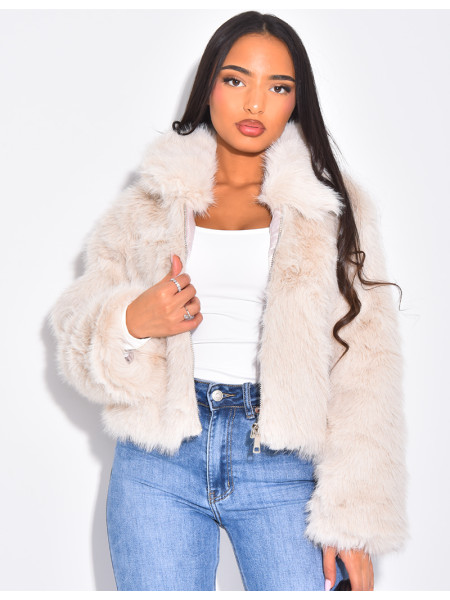 Kurze Kunstfelljacke mit Reißverschluss