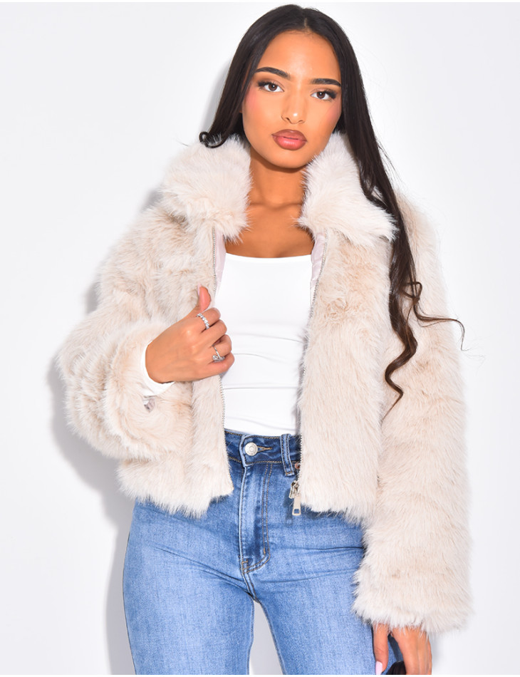 Kurze Kunstfelljacke mit Reißverschluss