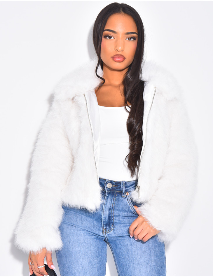 Kurze Kunstfelljacke mit Reißverschluss