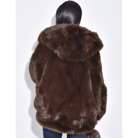 Veste courte en fausse fourrure à capuche