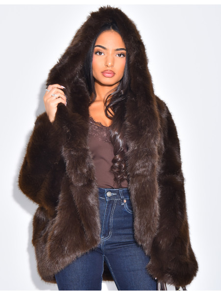 Veste courte en fausse fourrure à capuche