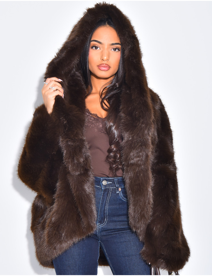 Veste courte en fausse fourrure à capuche