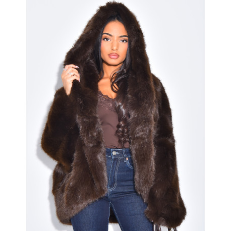 Veste courte en fausse fourrure à capuche