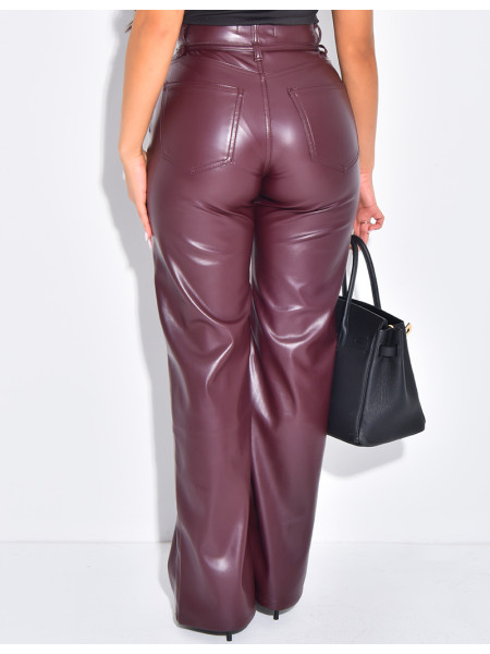 Straight-cut vegan leather pants with matching drawstring waistband
