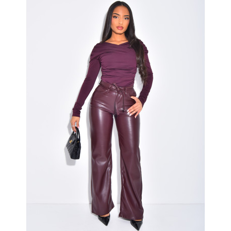 Straight-cut vegan leather pants with matching drawstring waistband