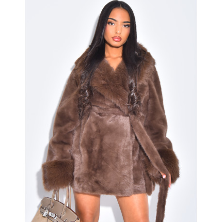 Mid-length faux fur coat with tie belt