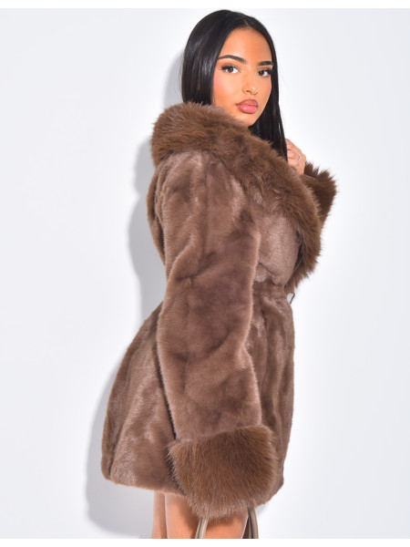 Mid-length faux fur coat with tie belt
