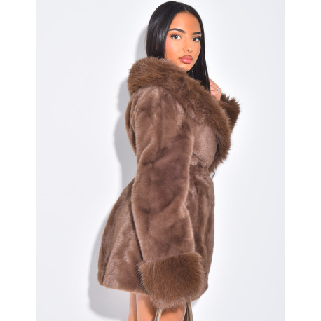 Mid-length faux fur coat with tie belt