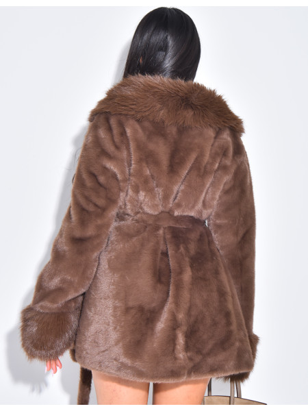 Mid-length faux fur coat with tie belt