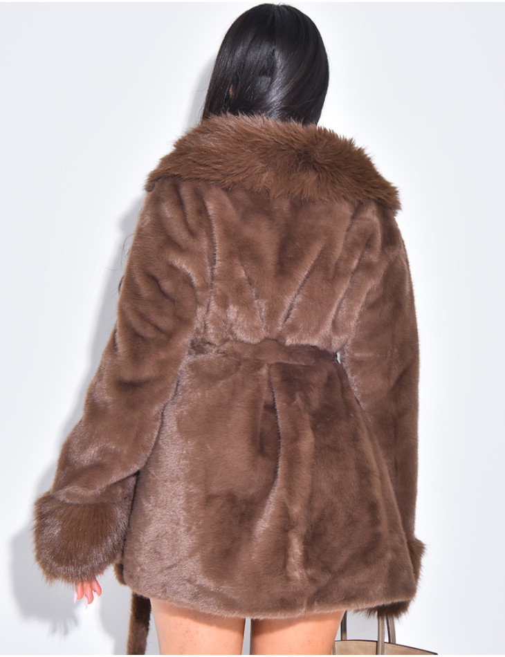 Mid-length faux fur coat with tie belt