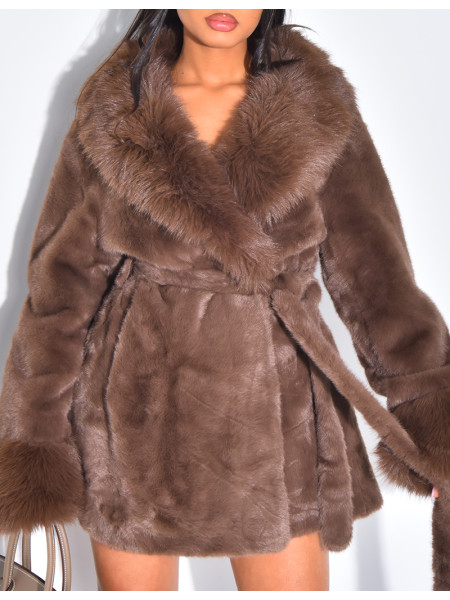 Mid-length faux fur coat with tie belt