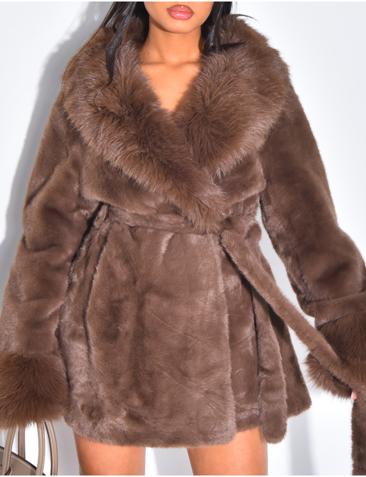 Mid-length faux fur coat with tie belt