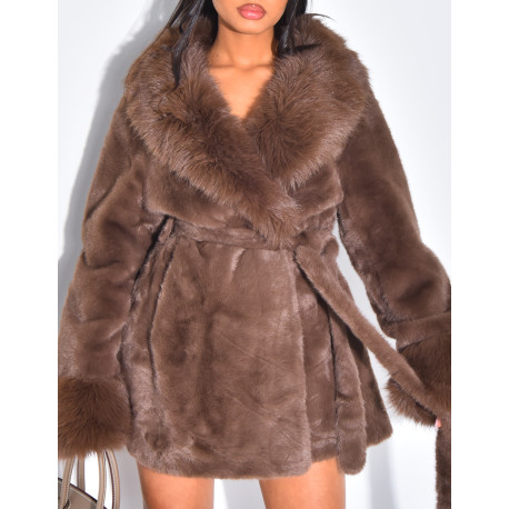 Mid-length faux fur coat with tie belt