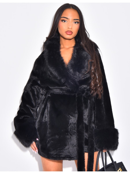 Mid-length faux fur coat with tie belt