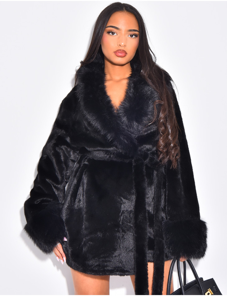 Mid-length faux fur coat with tie belt