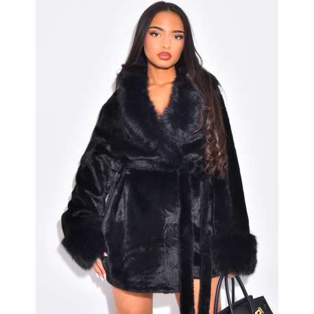 Mid-length faux fur coat with tie belt