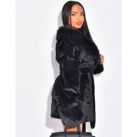 Mid-length faux fur coat with tie belt