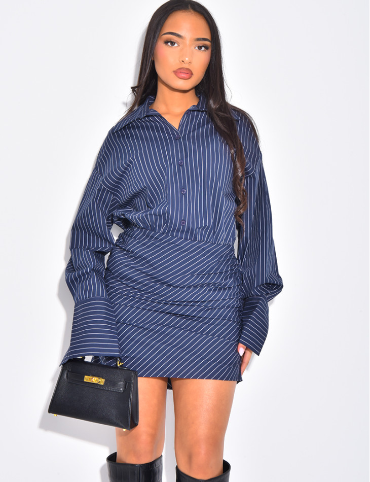 Robe chemise cintrée effet drapé à rayures