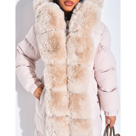 Long quilted jacket with faux fur and hood