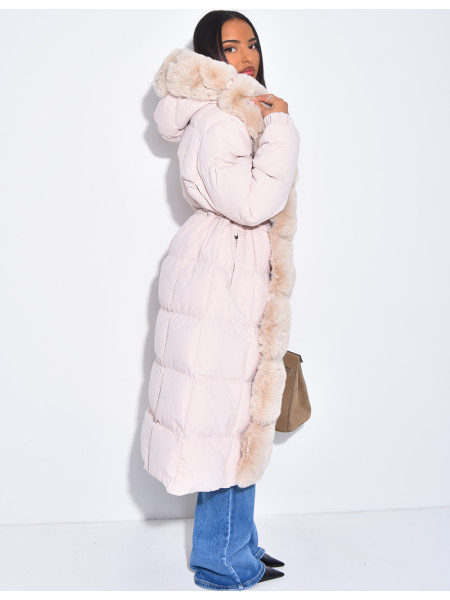 Long quilted jacket with faux fur and hood