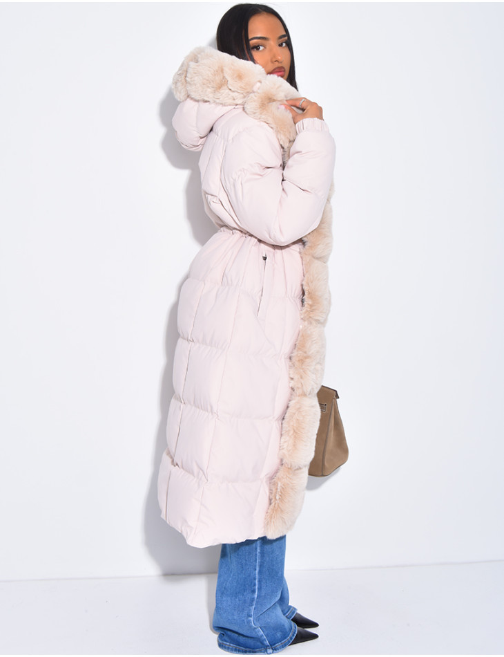 Long quilted jacket with faux fur and hood