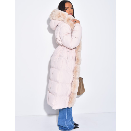Long quilted jacket with faux fur and hood