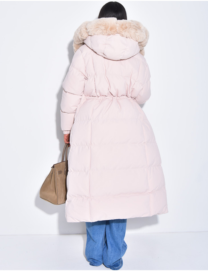 Long quilted jacket with faux fur and hood